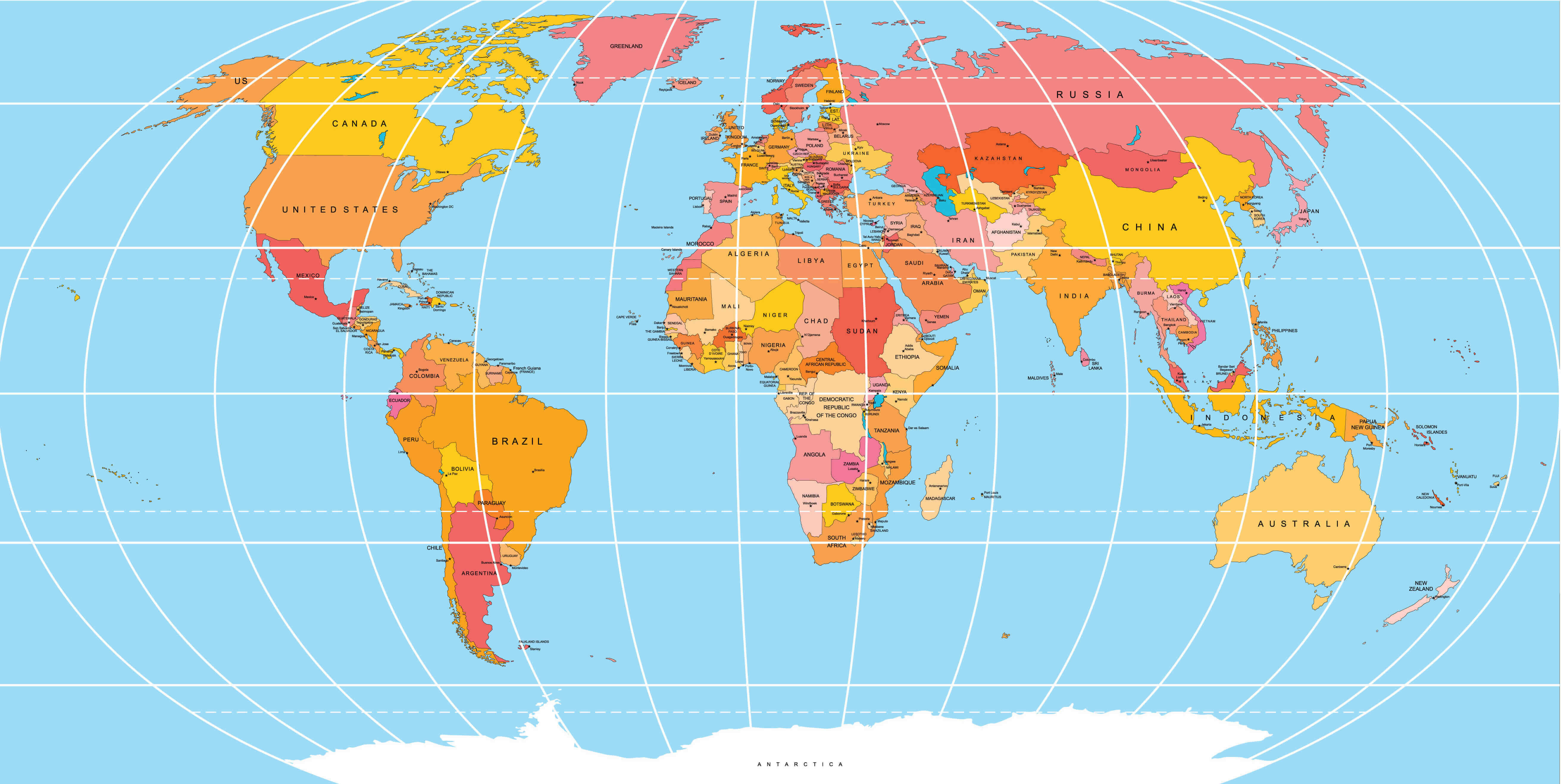 Large World political map with longitude latitude