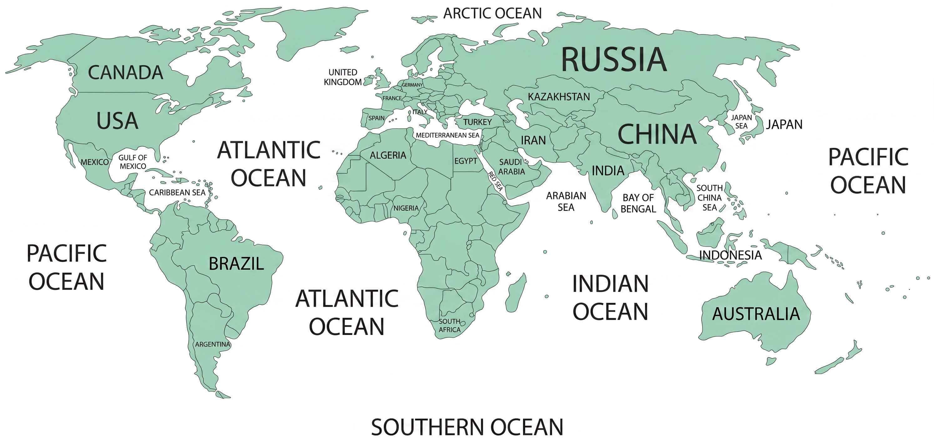 Green shaded World outline political map