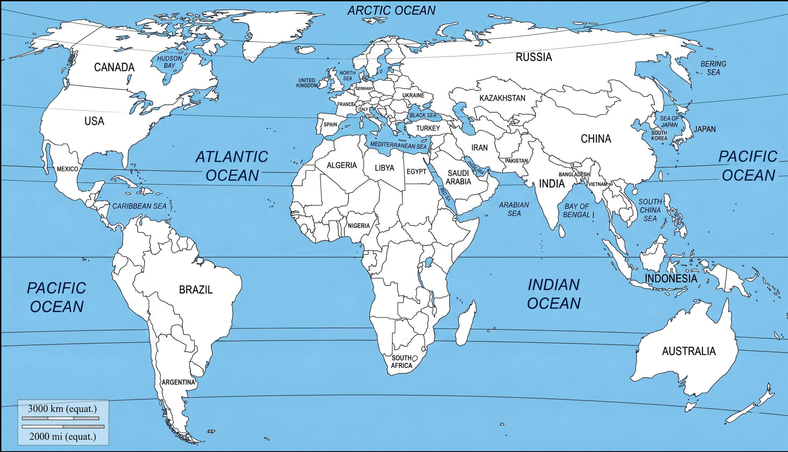 World outline map with oceans labels