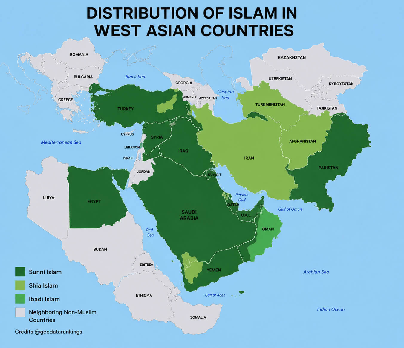 Distribution of Islam in West Asian countries map
