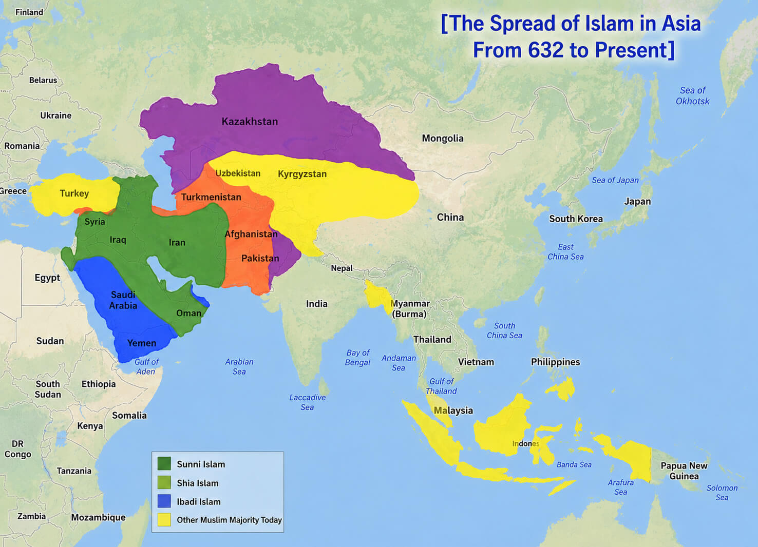 Spread of Islam in Asia map from 632