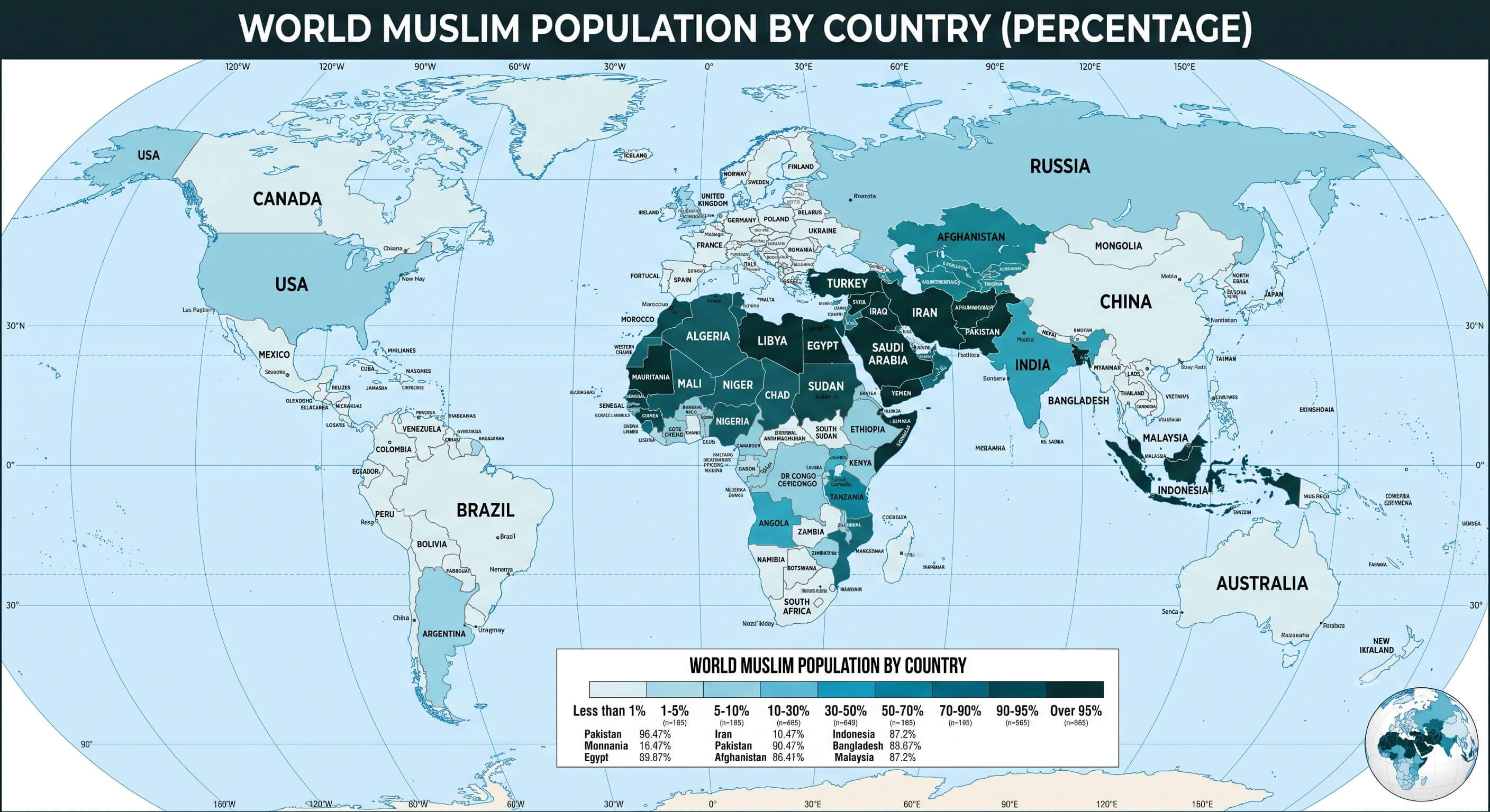 World Muslim population by country map