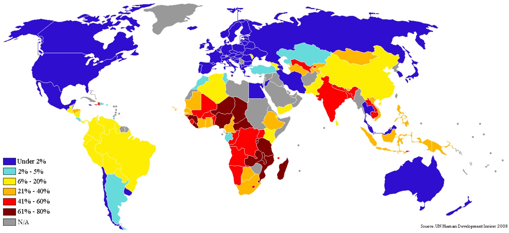 World Map Under 1 Dollar Living Population