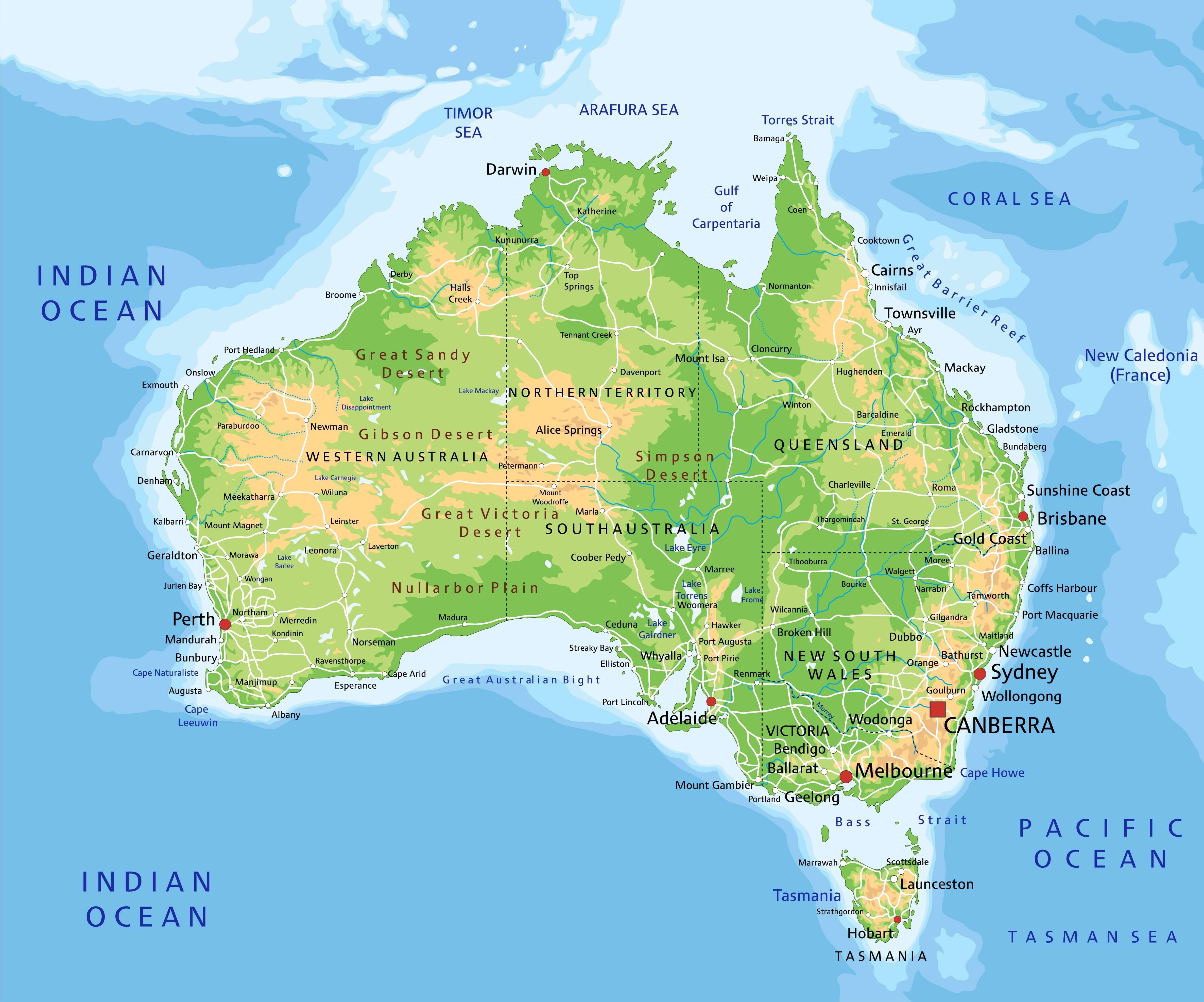 High detailed Australia physical map